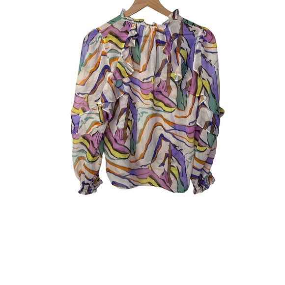 THML Abstract Multicolor Sheer Ruffle Blouse Tie Neck Long Sleeve Women’s Small - Picture 3 of 8